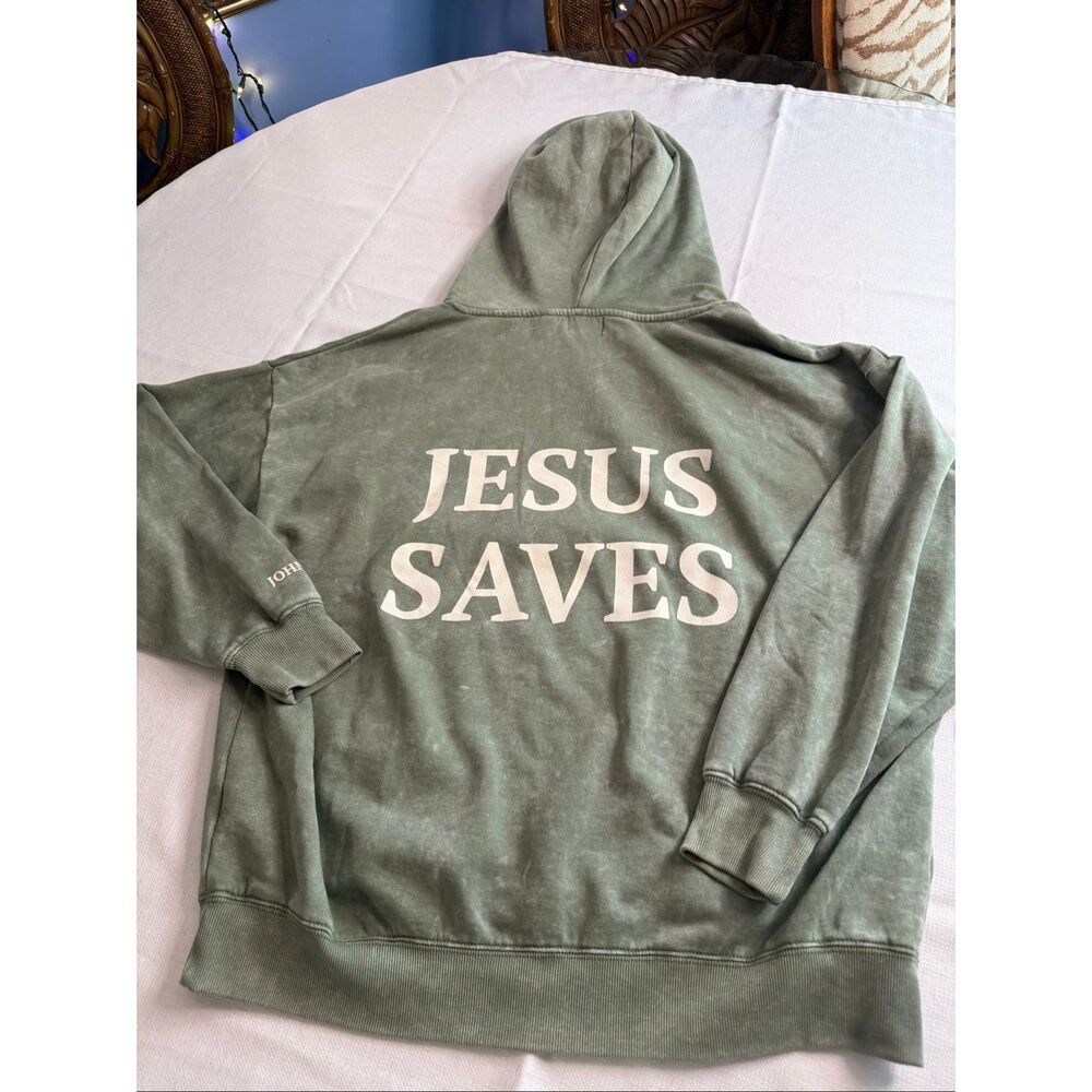 Ruby & Jewel Los Angeles Jesus Saves Hoodie XL Green Mineral Wash John 3:16